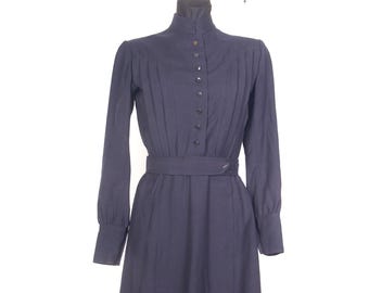 1940s Wool Workwear Dress: Vintage Dark Blue Nurse Utility Uniform (XS-Small)