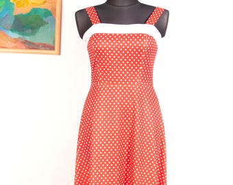 Vintage 70s Red Polka Dot Maxi Dress / Retro Sleeveless Crimplene Dress, Leygil London / M