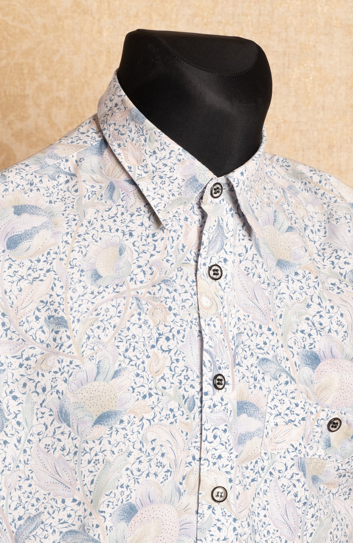 Blue floral men's cotton shirt / Subtle pastel ornament | Etsy