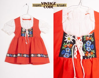 Kids vtg Red White dirndl Trachten dress / Alpen Girl dress by Elkows /  Toddler Girl Dress  1 year / 84 cm /33"