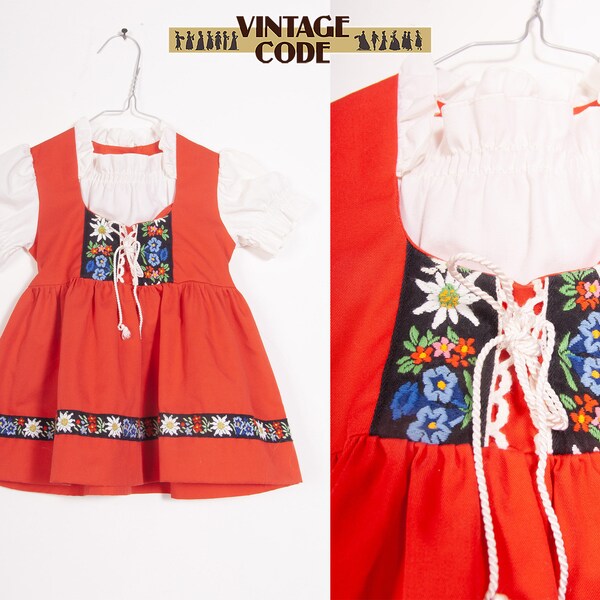 Kids vtg Red White dirndl Trachten dress / Alpen Girl dress by Elkows /  Toddler Girl Dress  1 year / 84 cm /33"