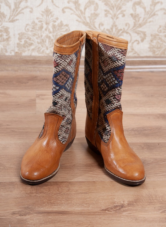 Camel Brown Leather Kilim Rug Tapestry Boots / Mo