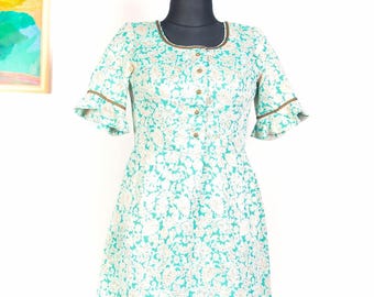 Vintage 60s Mod Dirndl Mini Dress / Aqua & Gold Brocade Trachten Salzburg Folk-Mod Octoberfest / Size L