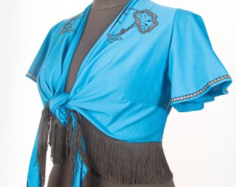 1970s Turquoise Fringe Bolero Tie Front Top Disco Evening Jacket / Metallic Embroidered  / L XL