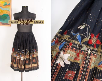 Black Cotton Gold Painted Cotton  skirt /  Folk style High waist Mid length Novelty Full skirt  / size Large