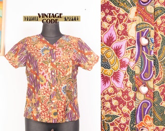 Indonesian Bali Batik Blouse Top /  Cotton short sleeve  blouse shirt / sz Large to XL