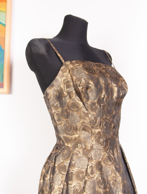 Bronze Gold Roses jacquard 50s 60s evening gown /… - image 6
