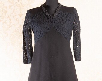 70s Black Lace Wool Dress - Vintage Goth A-Line - Merry Finn - Size Small/Medium