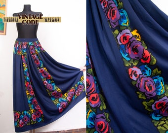 Italian vtg Roberta di Camerino 70s 1977 vtg skirt / Dark blue Floral Groovy Psychedelic Maxi Skirt / sz Small