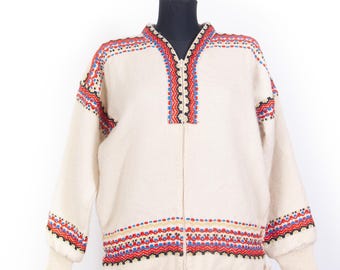 Vintage Nordic Norwegian Woven Wool Cardigan Sweater – Zip Front, Colorful Folk Style