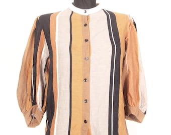 Vintage 80er Jahre Finnische Baumwolle Leinen Bluse / Erdtöne Gestreiftes Top / S M