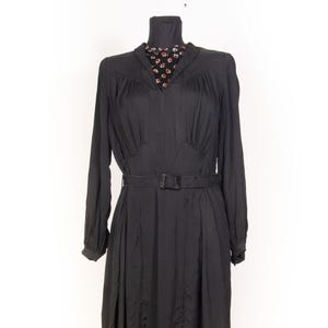 40s Black Day dress  / Black striped  WW2 dress /  Film Noir dress /  Long sleeve Black  Dress / size Medium