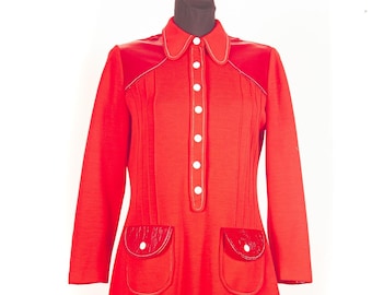 Vestido Mod de punto rojo estilo años 70 / Cuello Peter Pan / Bolsillos de piel sintética / Talla S M