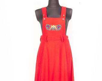 Red Wool Pinafore Dress / Embroidered Scandinavian Folk Winter Maxi / Nordic Style