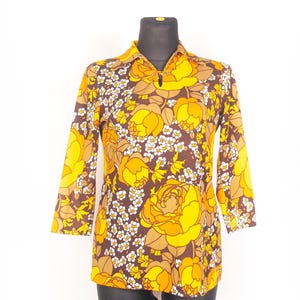 Blusa vintage psicodélica floral de los años 70, estilo túnica mod / Tallas L y XL