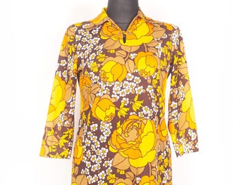 Vintage 70s Psychedelic Floral Blouse Groovy Mod Tunic Top / L  XL