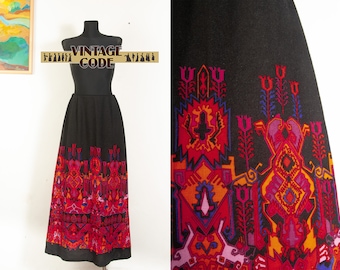 Jupe longue noire imprimé aztèque amérindien / jupe longue vtg en laine transparente groovy psychédélique des années 70 / taille Small