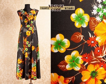 70s vtg Tropical Hawaiian Style Dress / Black  Orange Floral 70s vtg Fitted maxi dress by Inge Sautter / Hippie Boho dress /Size Small