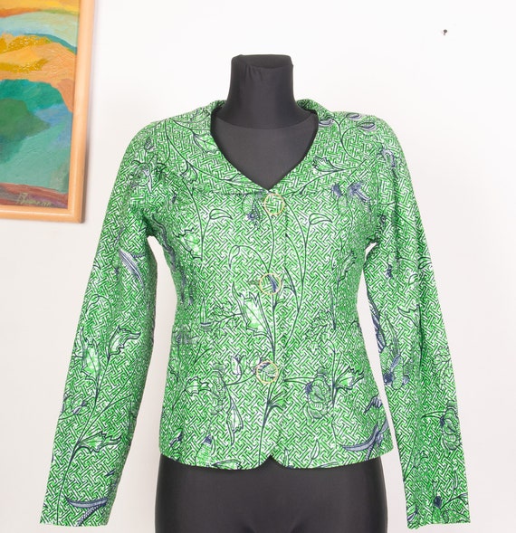 Green African Wax Print Cotton Jacket / Birds pri… - image 2