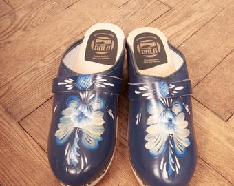 Vintage 70s Men’s  Dala Handpainted Swedish Leather Clogs  /  Kurbits Träskor / EU46 UK11 US12.5