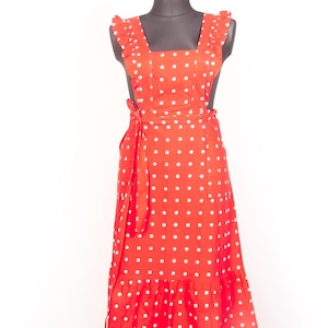 Vtg Red White Cotton Apron Maxi dress / Ruffled Frilled Apron dress with Pockets by Eeva Maije / Scandinavian Finnish vtg / sz Large