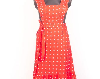 Vintage Finnish Apron Dress Red White Polka Dot / Scandinavian Cotton Dress / Adjustable Straps  / Large