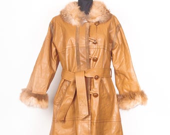 Abrigo finlandés vintage de cuero Kestilä de los años 70 / Cuello y puños de piel auténtica / Gabardina con cinturón marrón camel / Prendas de abrigo hippies y bohemias