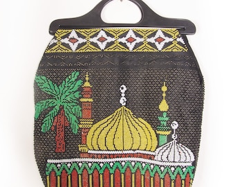 Vintage 1970s Perlen Souvenir Tasche / Mid-Century Moschee & Palme Boho Kitsch Reisetasche