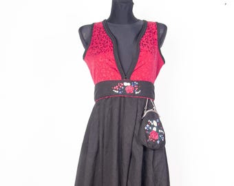 Woman's Norwegian Festdrakt Bunad style Black Red Jacquard fabric dress  /  Nordic pinafore / sz Small