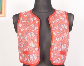 70s Floral Prairie Vest Vintage Red Boho Hippie Waistcoat Cottagecore Festival Layering L XL