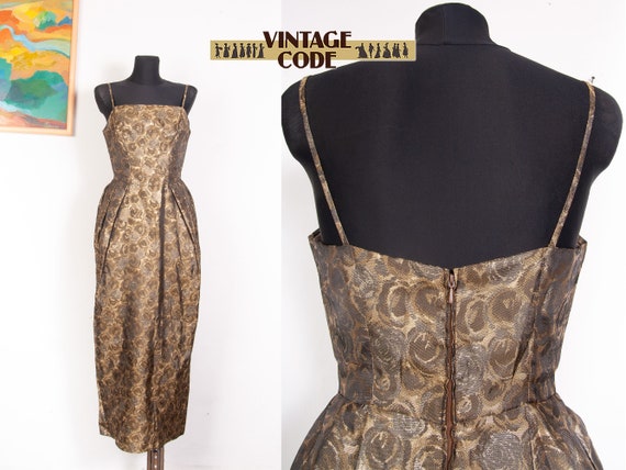 Bronze Gold Roses jacquard 50s 60s evening gown /… - image 1