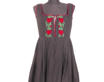 1970 Vintage Black Red Floral Embroidered sleeveless Dirndl Dress with zip front / S M