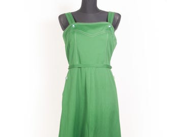 70s vtg kelly green sun strap dress / Back buttons dress with pockets / sz Medium