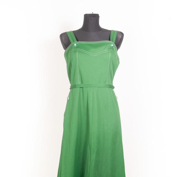 70s vtg kelly green Sun strap dress / Back buttons dress with pockets / sz Medium