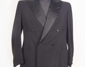 Vintage Wool Tuxedo Jacket – 1940s 1950 Double Breasted, Satin Lapel, Medium-Large