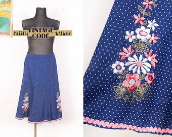 Bloemen geborduurd dik katoen vtg rok / Blauw witte Polka dot Prairie Boer Folk stijl Dirndl rok / maat Large tot XL