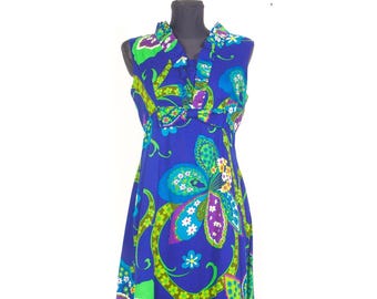 Vintage 70s Mildred’s of Hawaii Maxi Dress / Blue Barkcloth Tropical Gown / Size M