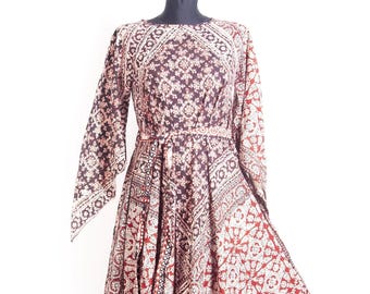Vintage 70s Indian Cotton Maxi Dress / Adini style Angel sleeve  Block print / sz Small