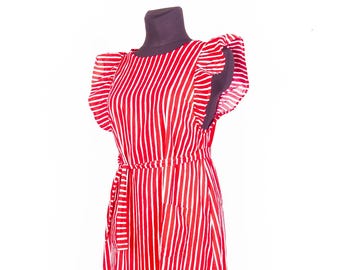 Red White Marimekko vtg Striped Mariessu Jokapoika Liisa Suvanto Piccolo Cotton  dress /  free size