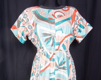 Vintage 1980s Signed Emilio Pucci Fabric Dress / Smocked Waist  Cotton Midi Dress /  S M