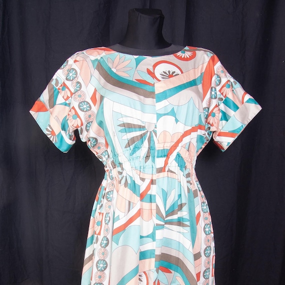 Emilio Pucci, Vintage 1980s Signed Emilio Pucci Fabric Dress / Smocked Waist Cotton Midi Dress / S M