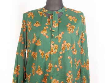 Vintage 70s Tropical Pineapple Floral Blouse / Kelly Green & Bright Orange Boho Top