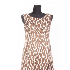 Vtg 60s Sleeveless Mod Mini dress / Taupe white High waist Mini dress with Bow / sz Small