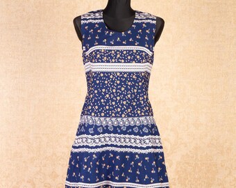 Vintage 70s Floral Maxi Dress Blue Cotton Sleeveless Prairie A Line / S M