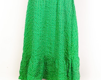 Spódnica vintage w jaskrawozielone groszki / Spódnica midi z bawełny w stylu preriowym z wysokim stanem i warstwami / S M