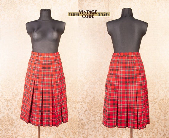 Red Tartan Plaid Pure New Wool Scottish Skirt High Waist Pleated Red Plaid Skirt by Estique Sz Large Etsy Canada