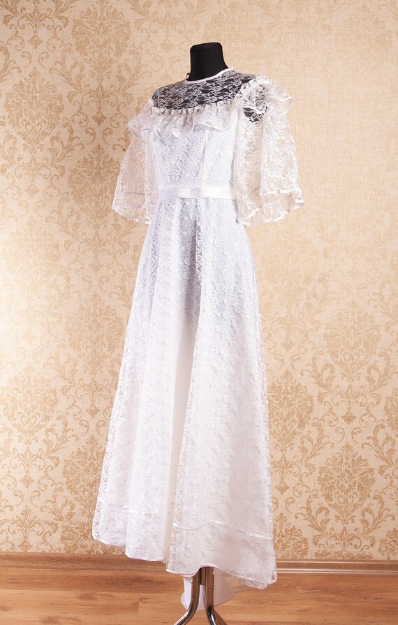 Vintage White Lace Wedding Dress Bridal Gown  / L… - image 2