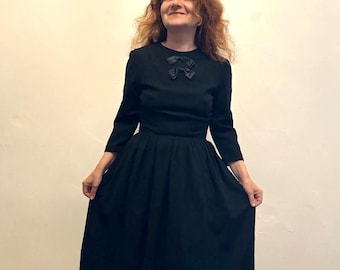 40s 50s Vintage Black Fit and Flare Dress: Small Librarian Schoolgirl Style