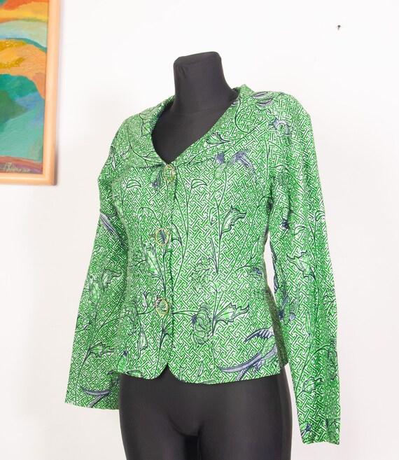 Green African Wax Print Cotton Jacket / Birds pri… - image 10