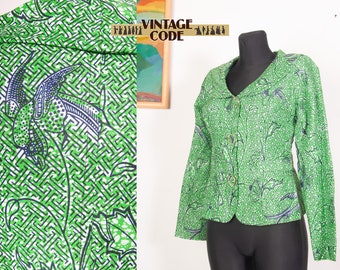 Green African Wax Print Cotton Jacket / Birds print Summer jacket  / Totemic birds / size   Small